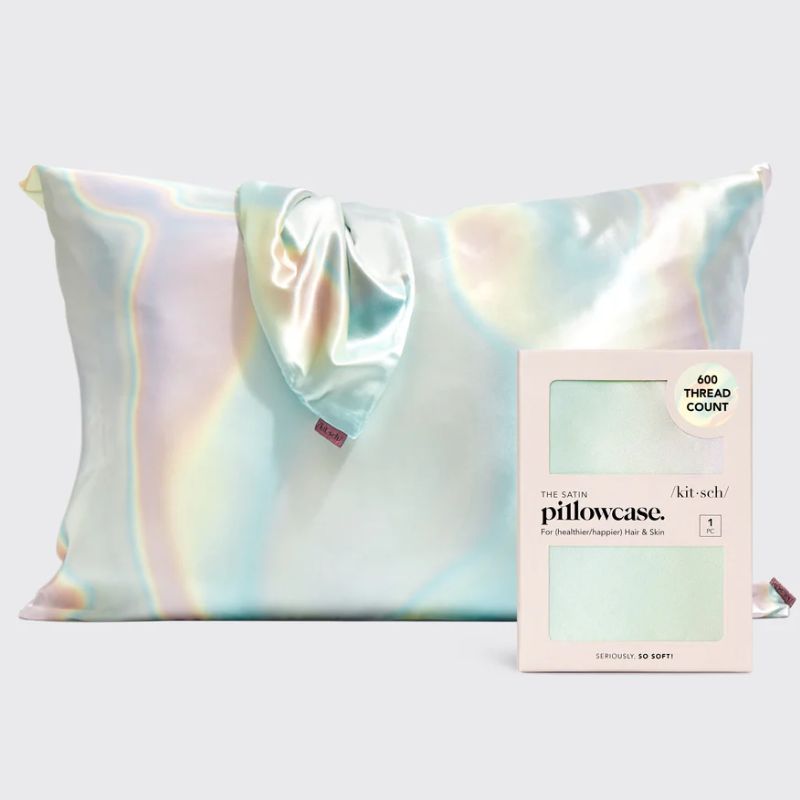 Iridescent aura satin pillowcase with ultra-smooth sensory fabric designed to reduce frizz and support restful sleep