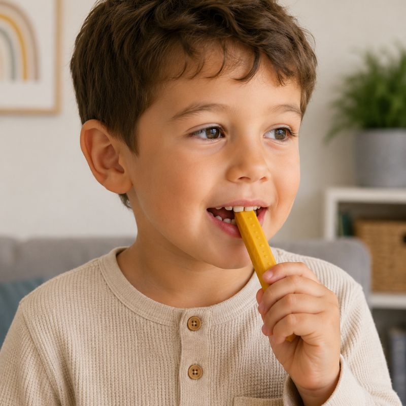 Young boy using a mustard silicone sensory chew necklace for oral motor and calming sensory support.