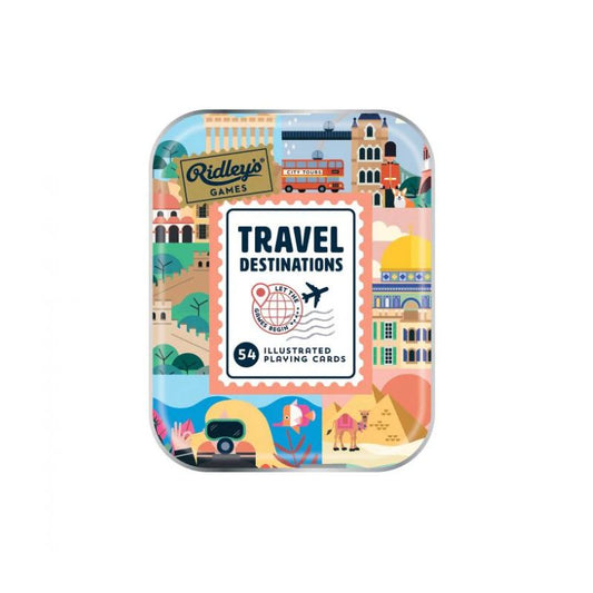 Ridley’s Games Travel Destinations illustrated playing cards tin featuring colorful world landmarks and travel-themed artwork.