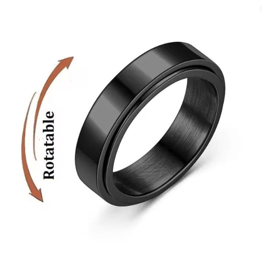 Black stainless steel rotatable fidget ring with smooth spinning outer band for anxiety and stress relief