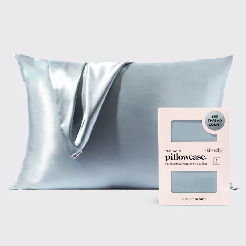 Soft blue luxury satin pillowcase with smooth sensory fabric for hair and skin protection