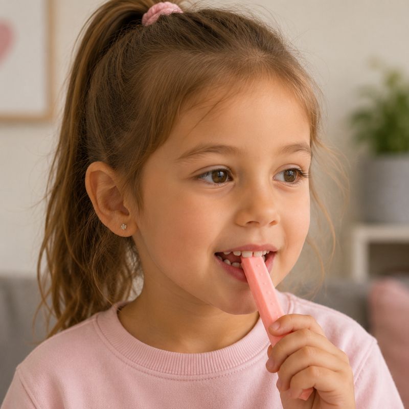 Young girl using a pink silicone sensory chew necklace for oral motor and calming sensory support.