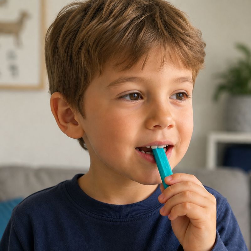 Young boy using a teal silicone sensory chew necklace for oral motor and calming sensory support.