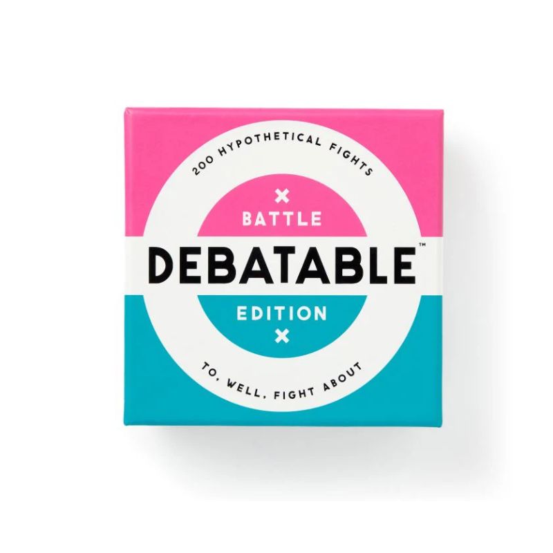 Debatable: Battle Edition party game box – 200 hypothetical fights to argue about, pink and teal packaging on white background.