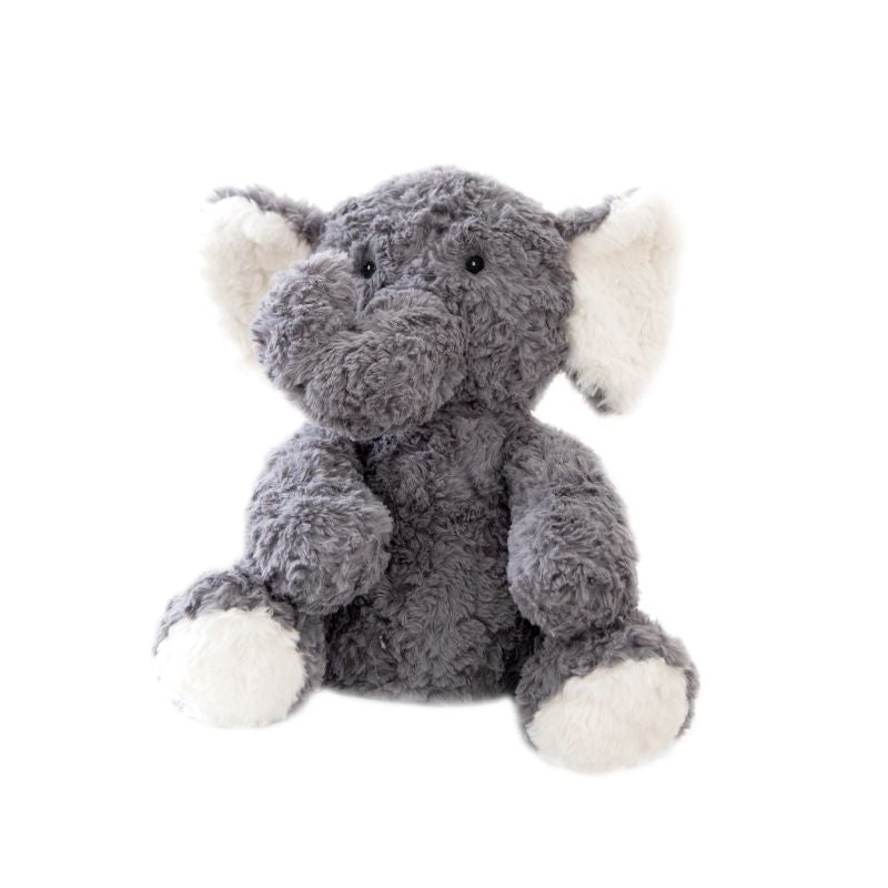 rey plush elephant toy with fluffy white ears and soft textured fur sitting upright