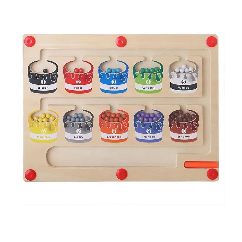 magnetic colour-sorting maze toy with a pen guiding beads into numbered paint-pot sections for learning colours and fine-motor skills.