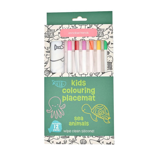 Annabel Trends Sea Animals Kids Colouring Placemat with 12 coloured pens – reusable wipe-clean silicone placemat for children featuring fun ocean animal designs.