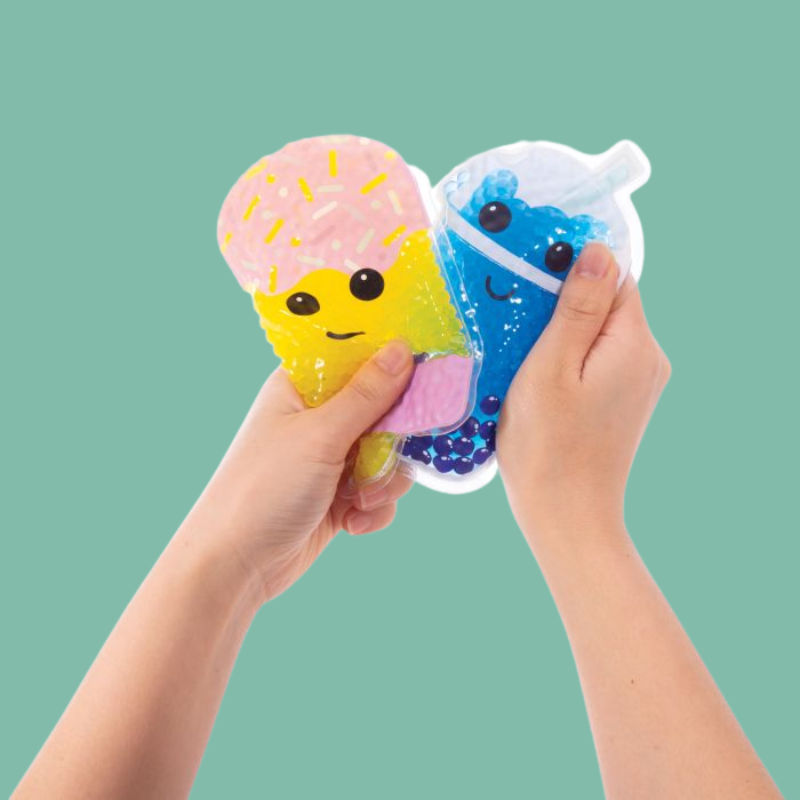 Cute sensory gel bead soothers shaped like drinks and ice creams – blue bubble tea, pink smoothie, yellow popsicle, and green soft serve cone – fun reusable kids cooling gel pack