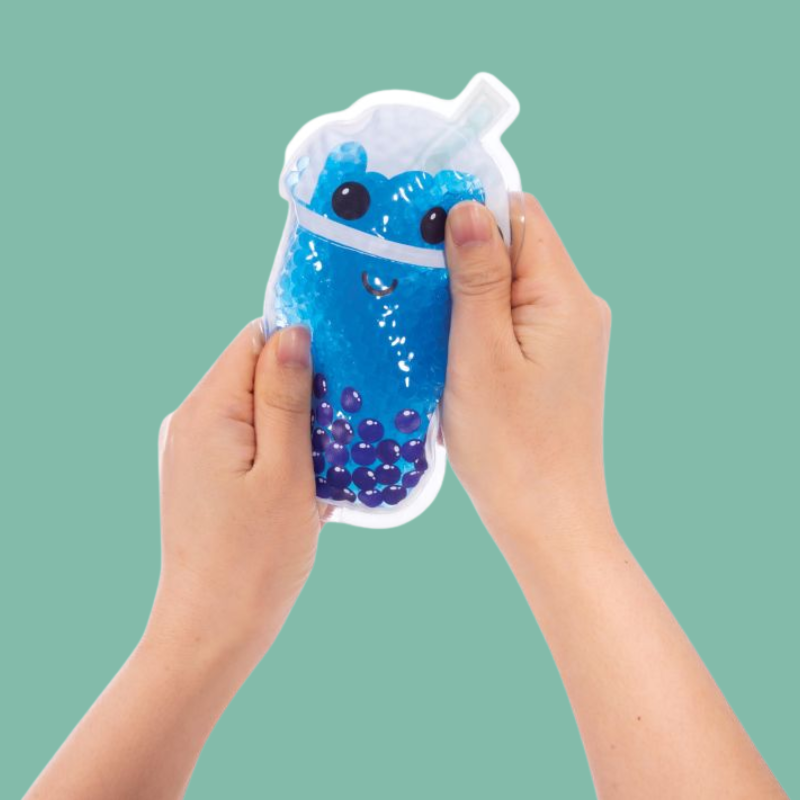 Cute sensory gel bead soothers shaped like drinks and ice creams – blue bubble tea, pink smoothie, yellow popsicle, and green soft serve cone – fun reusable kids cooling gel pack