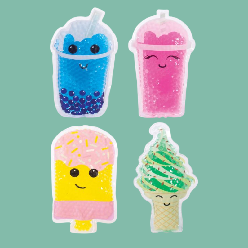 Cute sensory gel bead soothers shaped like drinks and ice creams – blue bubble tea, pink smoothie, yellow popsicle, and green soft serve cone – fun reusable kids cooling gel pack