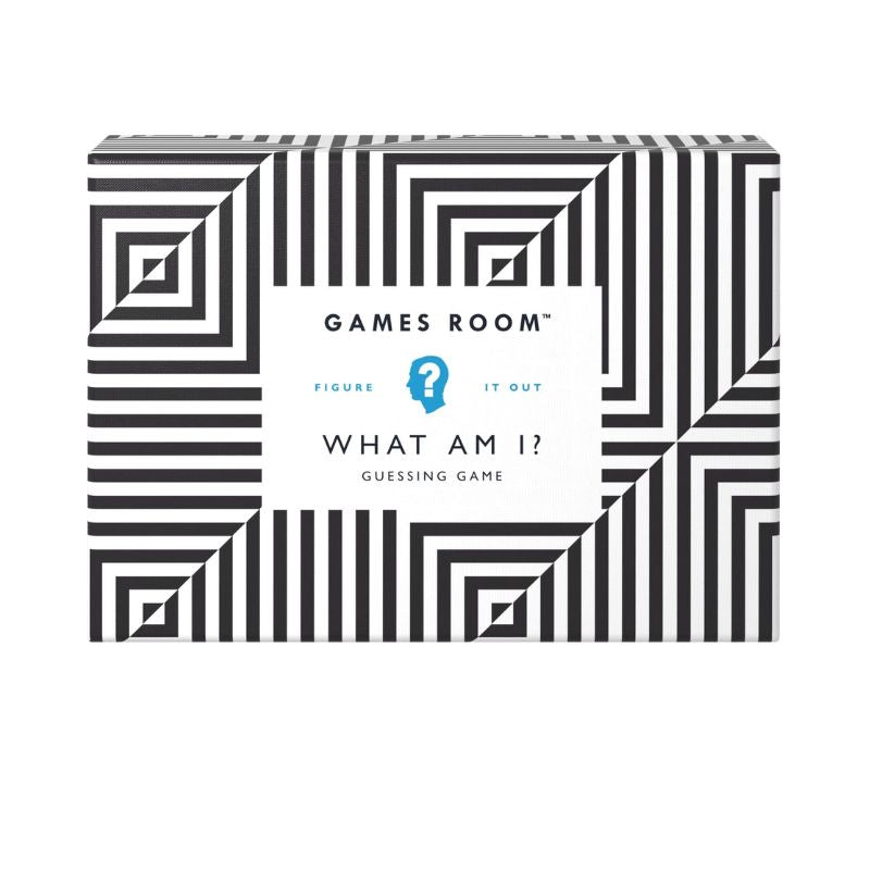 Games Room: What Am I? guessing game box with black and white geometric design and blue logo.