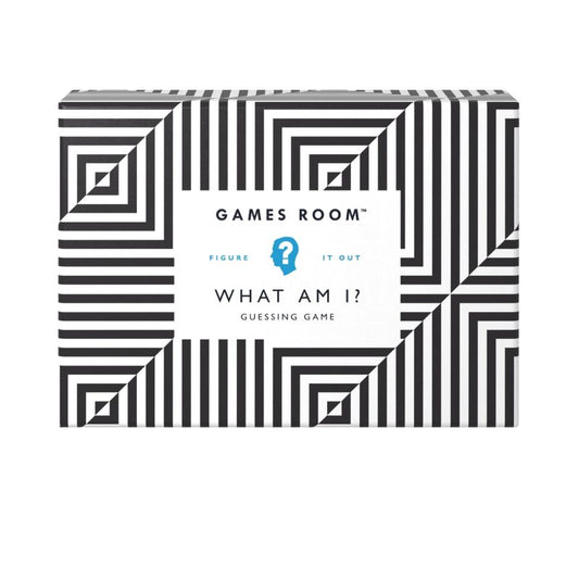 Games Room: What Am I? guessing game box with black and white geometric design and blue logo.